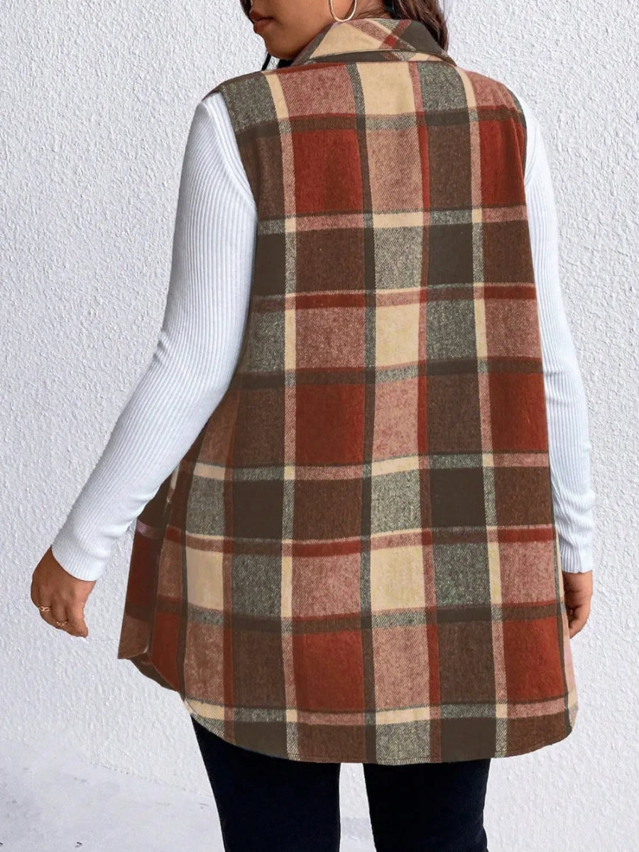 Honey Plus Size Pocketed Plaid Button Up Vest Coat - CELIVINE