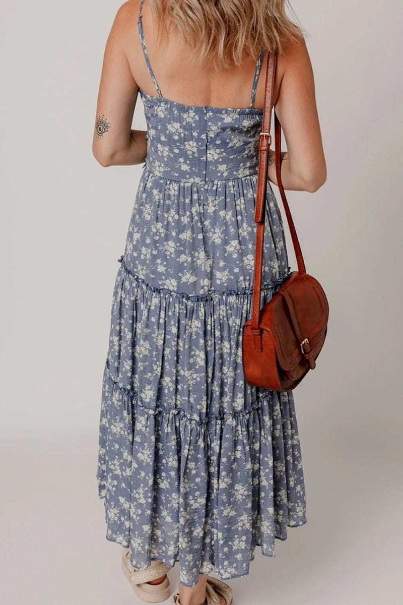 Floral Spaghetti Strap Frilled V Neck Tiered Midi Dress - CELIVINE