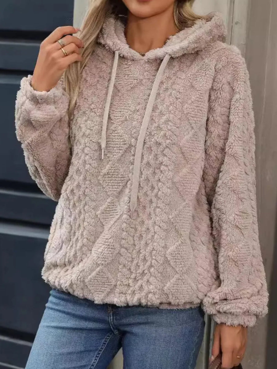 Drawstring Long Sleeve Plush Hoodie - CELIVINE