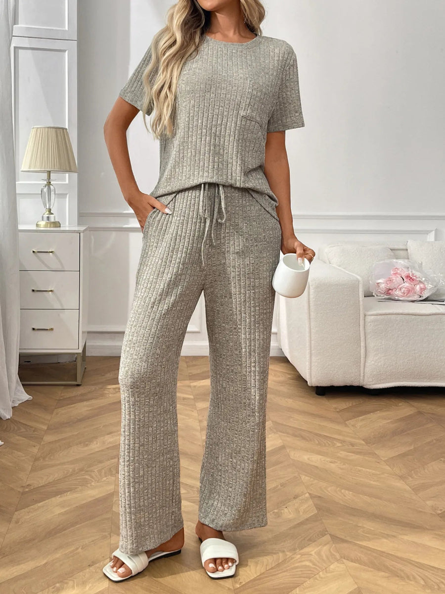 Ribbed Knit Short Sleeve Top and Pants Lounge Set - CELIVINE