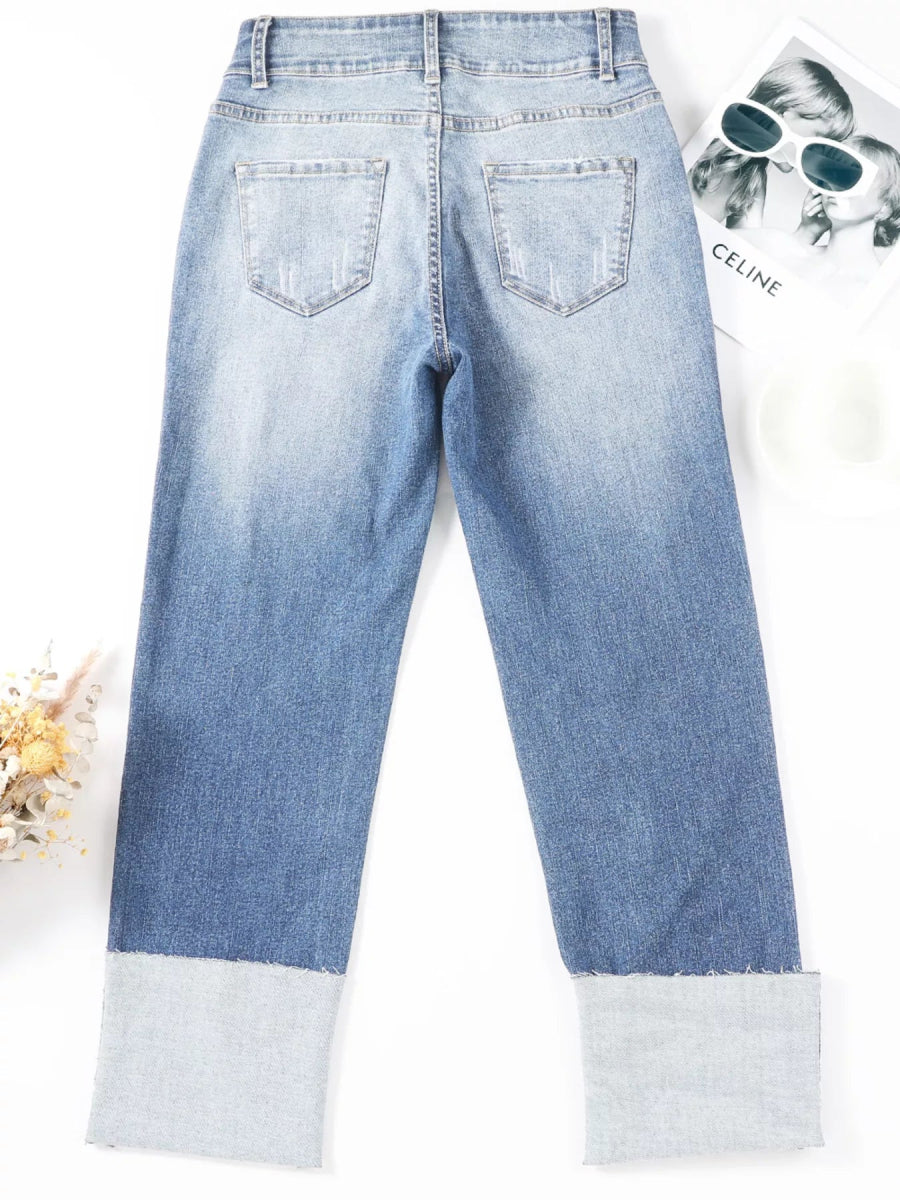 High Waist Distressed Straight Leg Jeans - CELIVINE