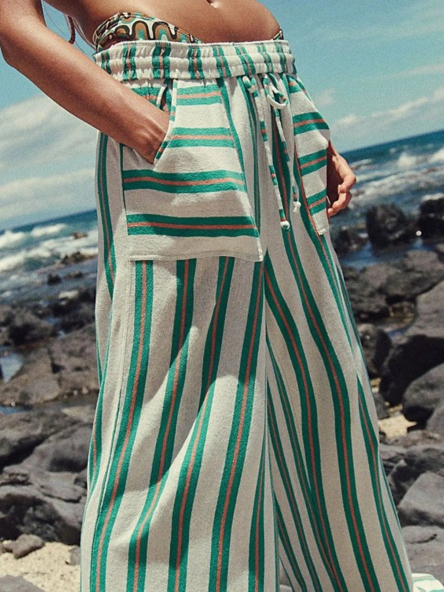 Striped Wide - Leg Drawstring Pants - CELIVINE