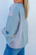 Striped Long Sleeve V - Neck Oversized Sweatshirt - CELIVINE