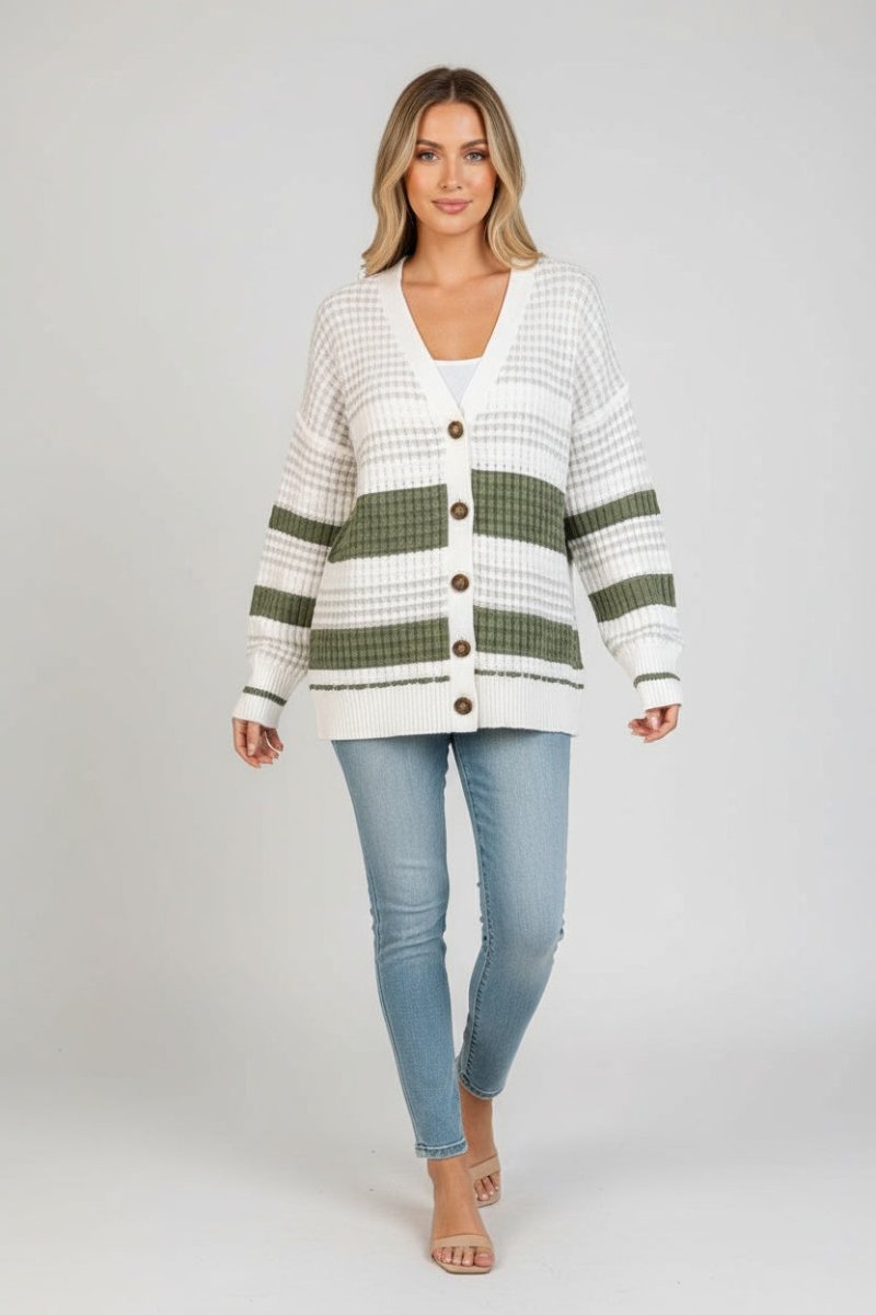 Striped Button Down Cardigan - CELIVINE