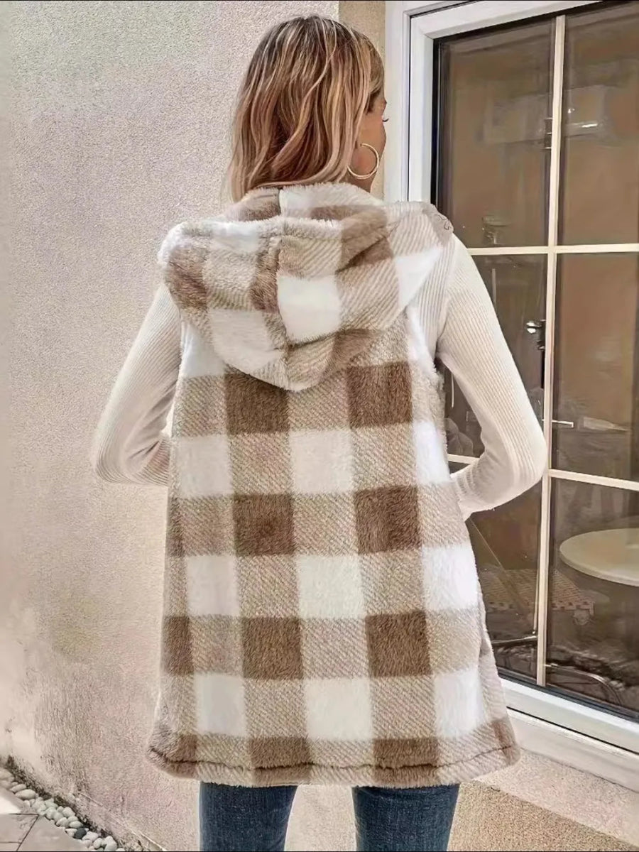 Fuzzy Plaid Hooded Vest Coat - CELIVINE