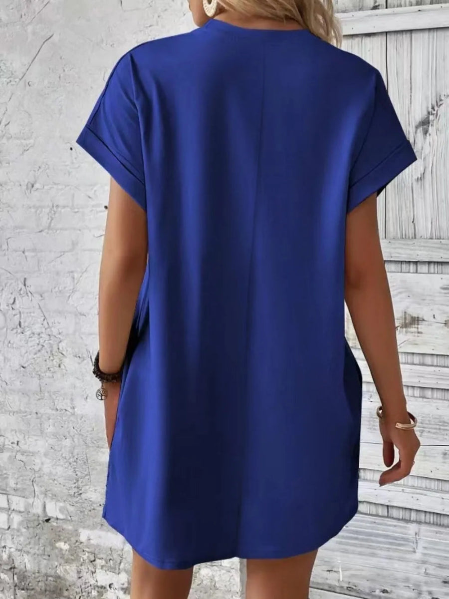 Pocketed Round Neck Short Sleeve Dress - CELIVINE