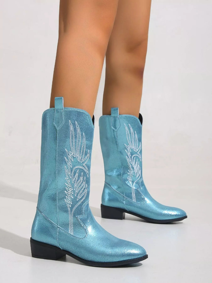 Embroidered Block Heels Boots - CELIVINE
