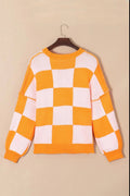 Checkered Exposed Seam Drooped Shoulder Sweater - CELIVINE