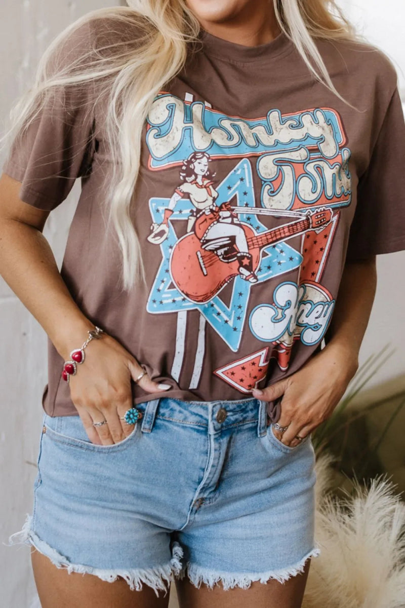 Graphic Crew Neck Western Short Sleeve Tee - CELIVINE