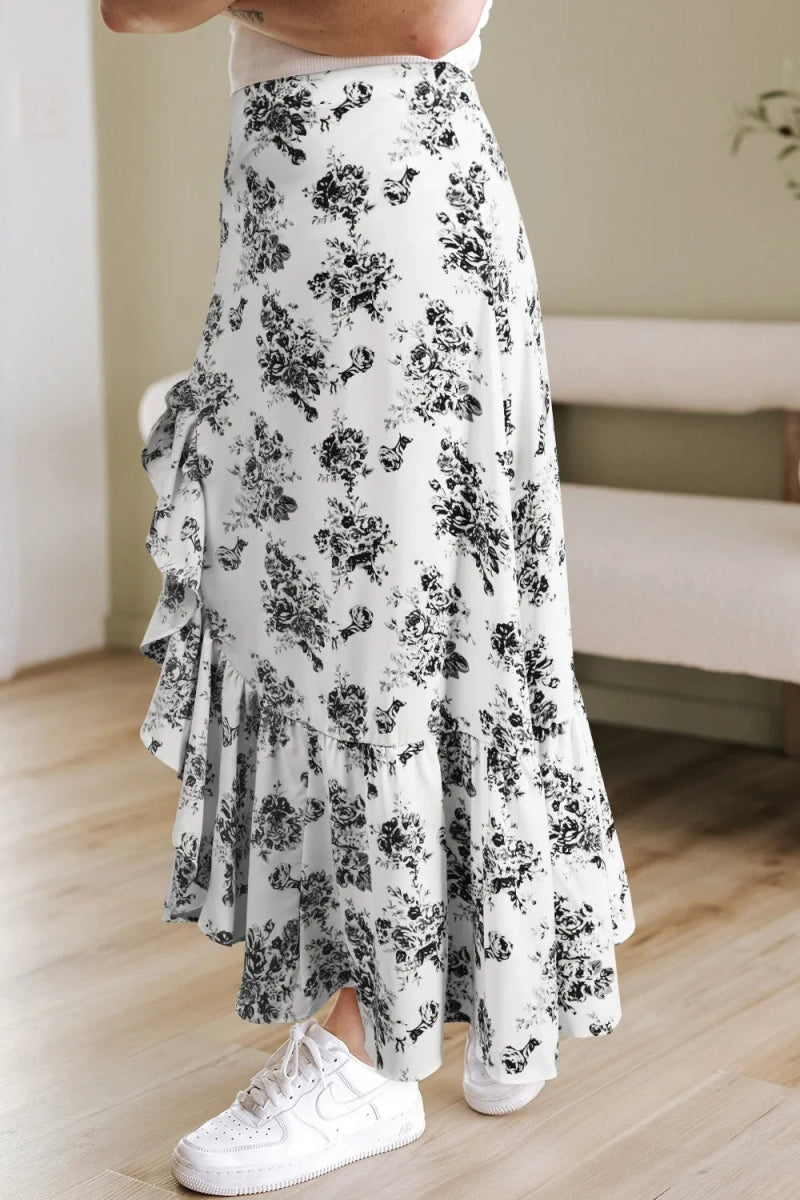 Boho Floral High Waist Ruffle Split Maxi Skirt - CELIVINE