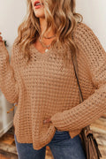 Openwork Round Neck Long Sleeve Sweater - CELIVINE