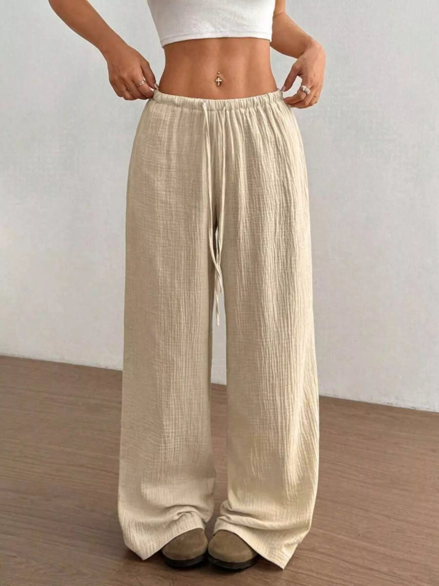 Full Size Drawstring Wide Leg Pants Plus Size - CELIVINE