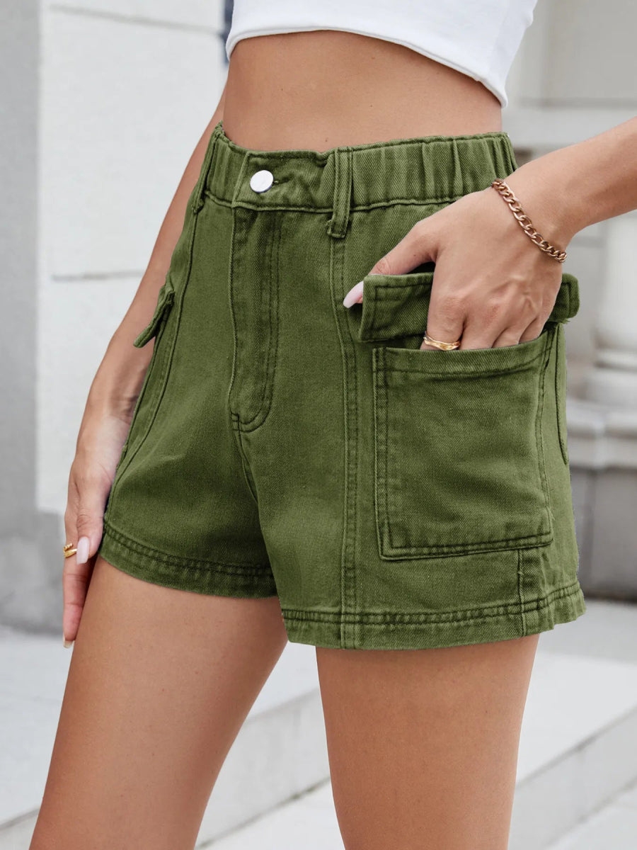 High Waist Cargo Denim Shorts - CELIVINE