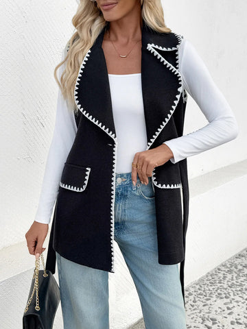 Contrast Trim Collared Neck Vest Coat - CELIVINE