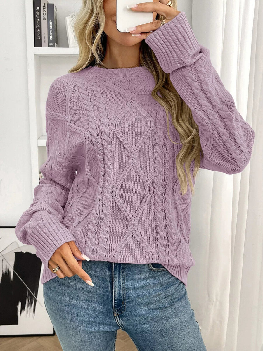 Cable Knit Round Neck Long Sleeve Sweater - CELIVINE