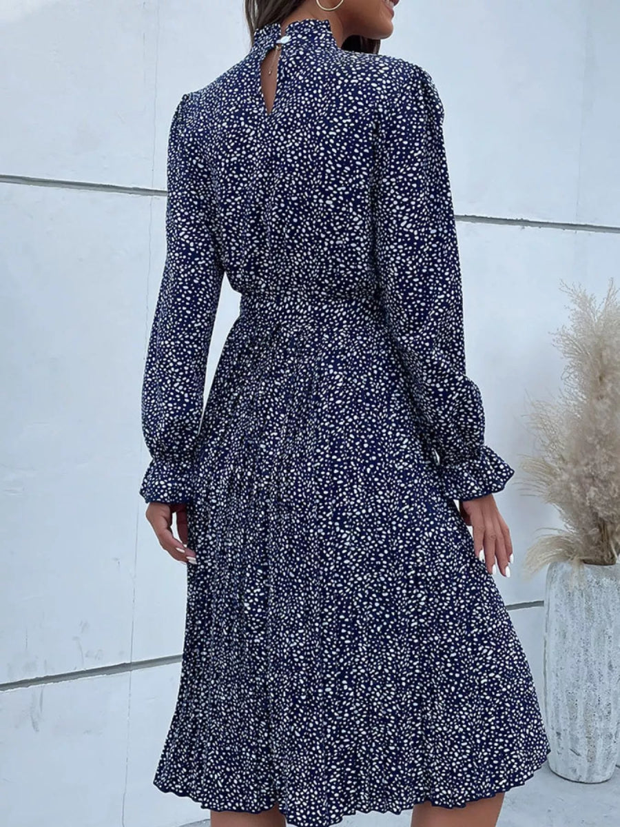 Animal Print Mock Neck Flounce Sleeve Dress - CELIVINE