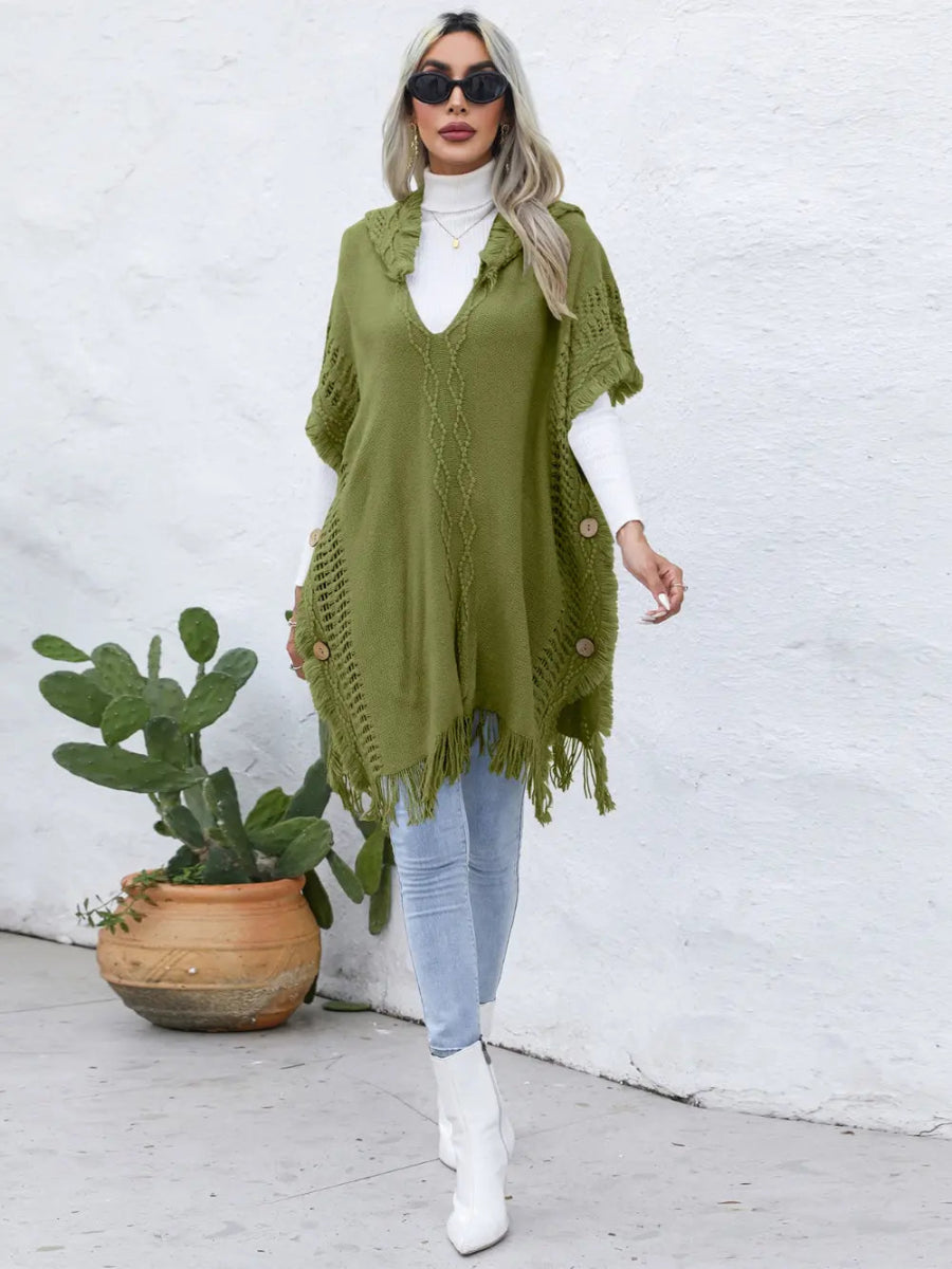 Fringe Trim Buttoned Hooded Poncho - CELIVINE