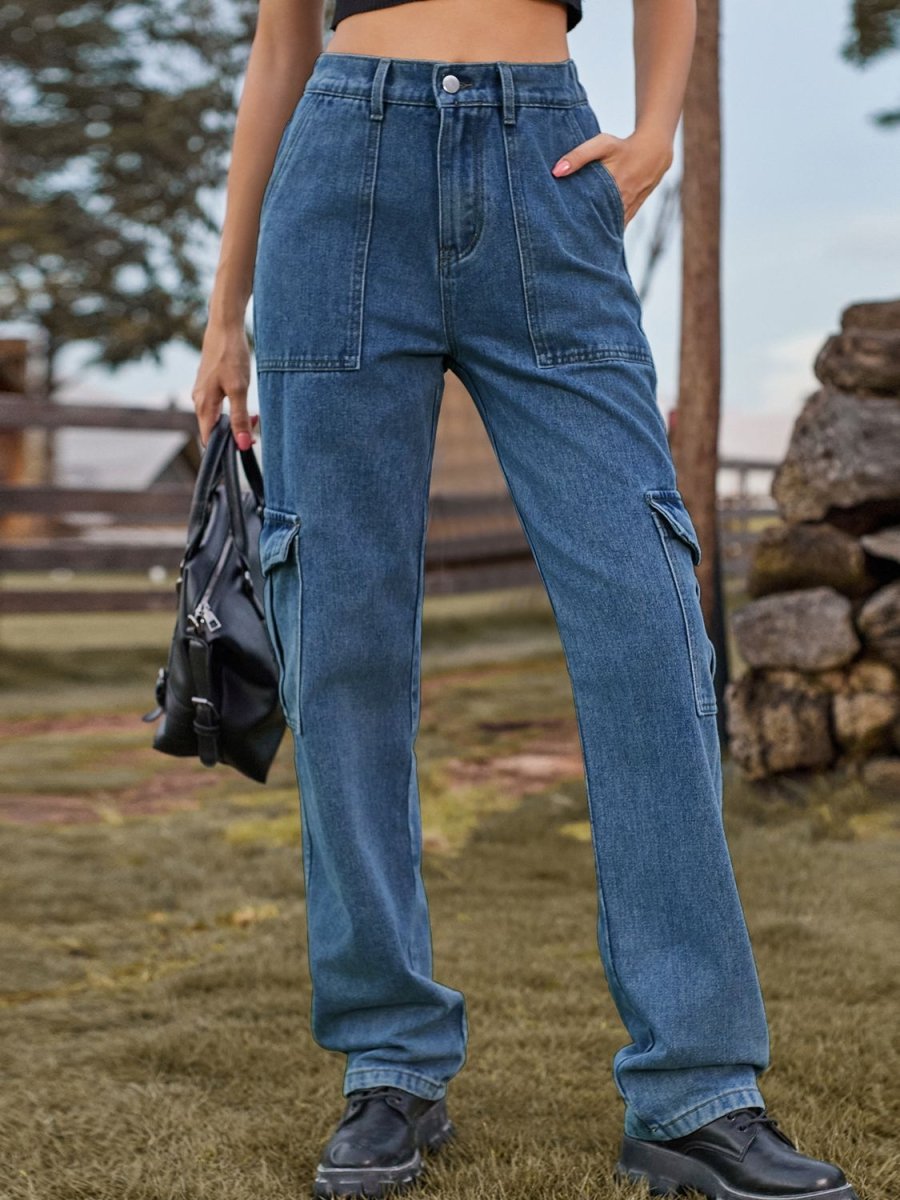 High Waist Cargo Jeans - CELIVINE