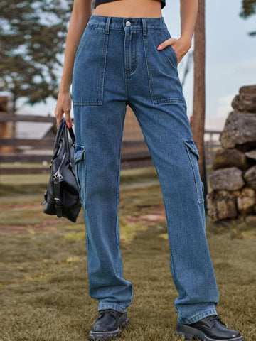 High Waist Cargo Jeans - CELIVINE