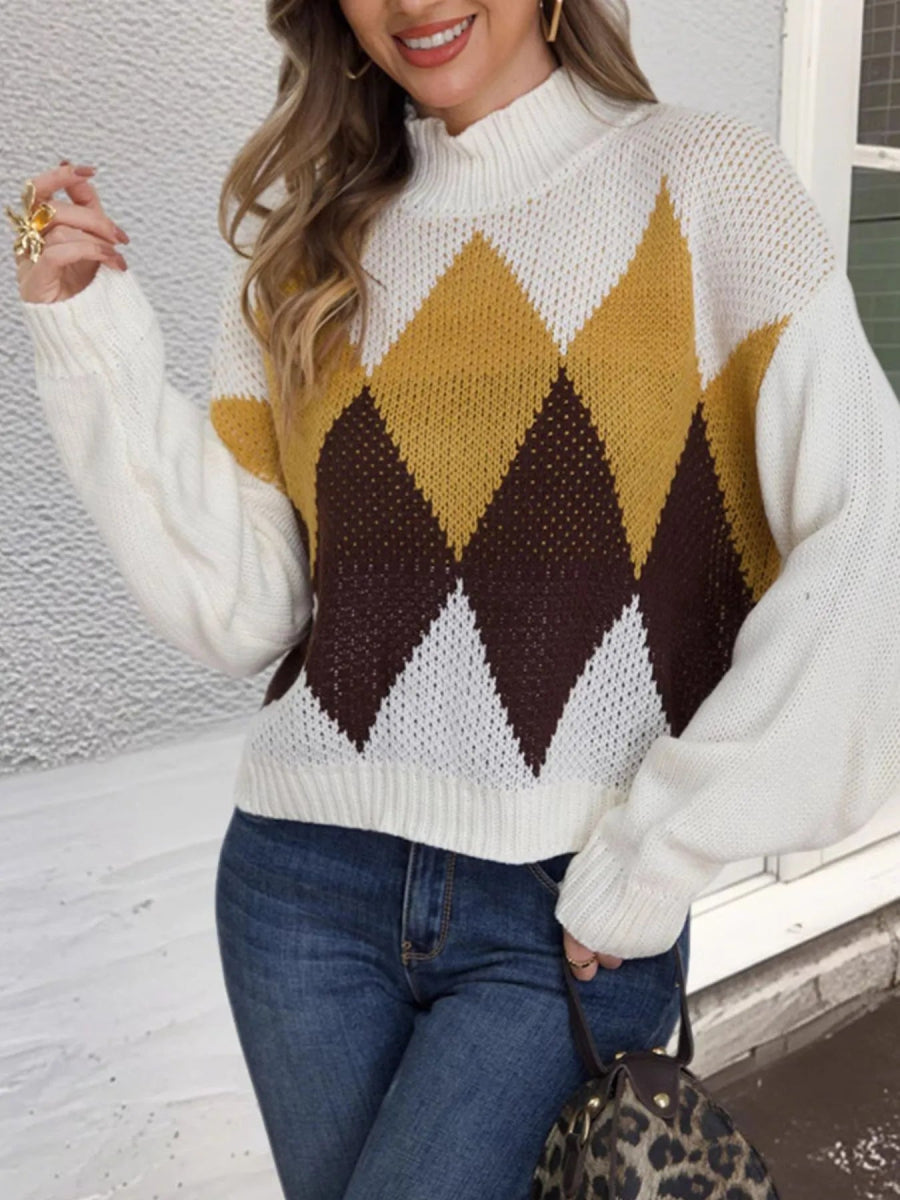 Diamond Pattern Turtleneck Sweater - CELIVINE