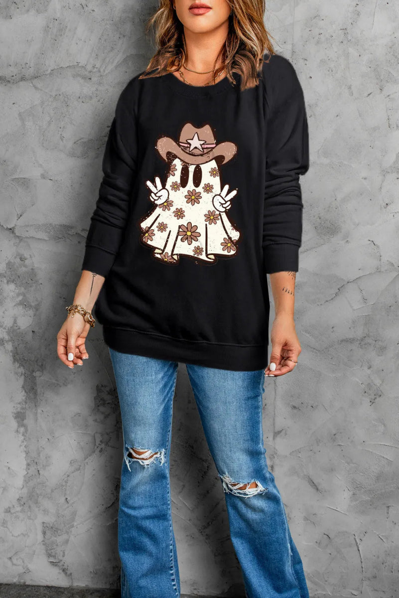 Ghost Round Neck Long Sleeve Sweatshirt - CELIVINE