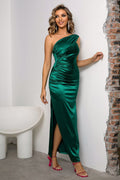 One - Shoulder Ruched Slit Maxi Dress - CELIVINE
