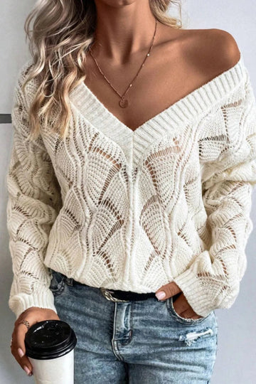 Openwork V - Neck Long Sleeve Sweater - CELIVINE
