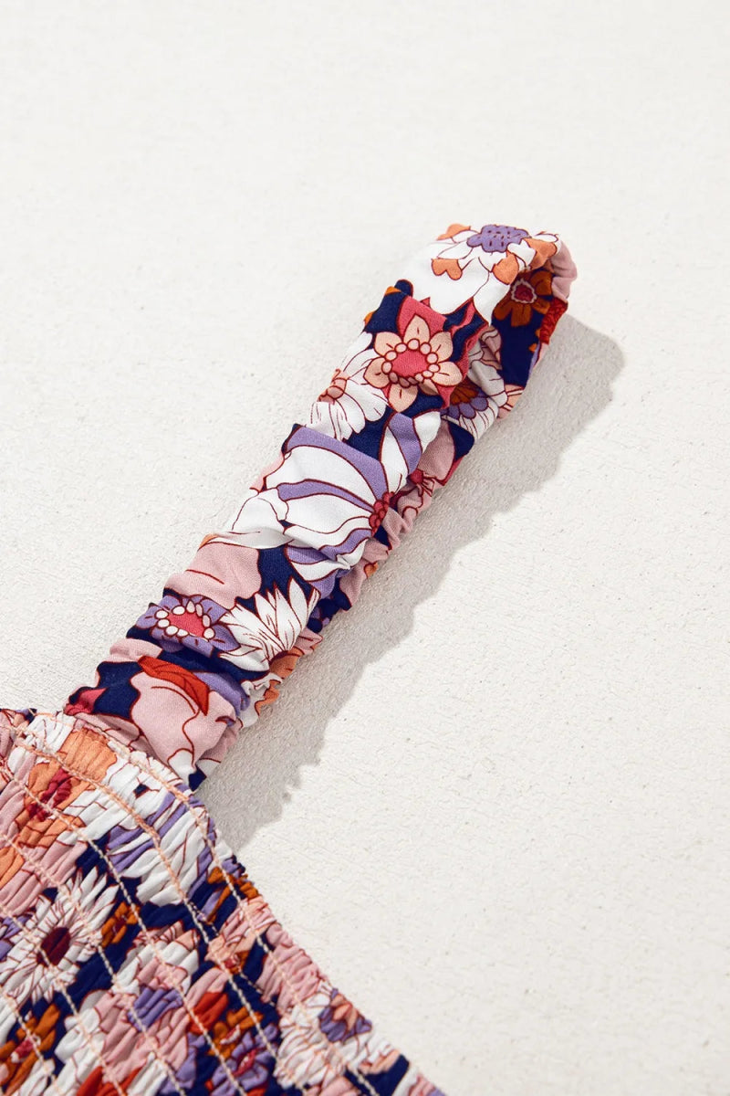 Floral Print Smocked High Waist Square Neck Jumpsuit - CELIVINE