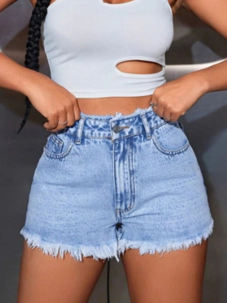 High Waisted Frayed Hem Denim Shorts - CELIVINE