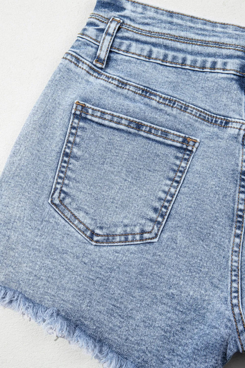Rhinestone Light Wash Raw Hem High Waist Denim Shorts - CELIVINE