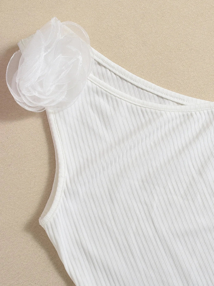 Flower Ribbed Single Shoulder Tank - CELIVINE