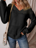 Eyelet Detail V - Neck Long Sleeve Sweater - CELIVINE