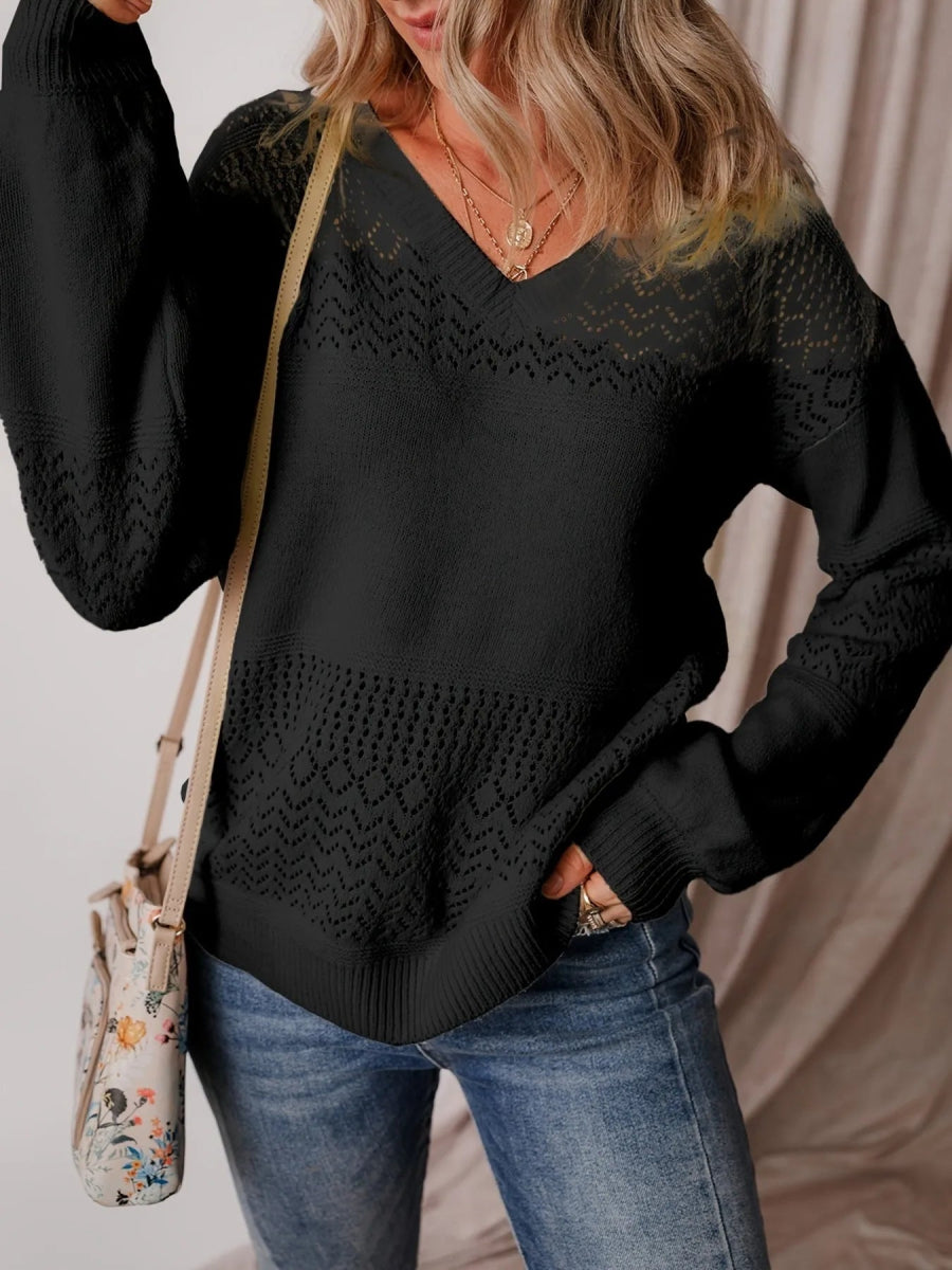 Eyelet Detail V - Neck Long Sleeve Sweater - CELIVINE