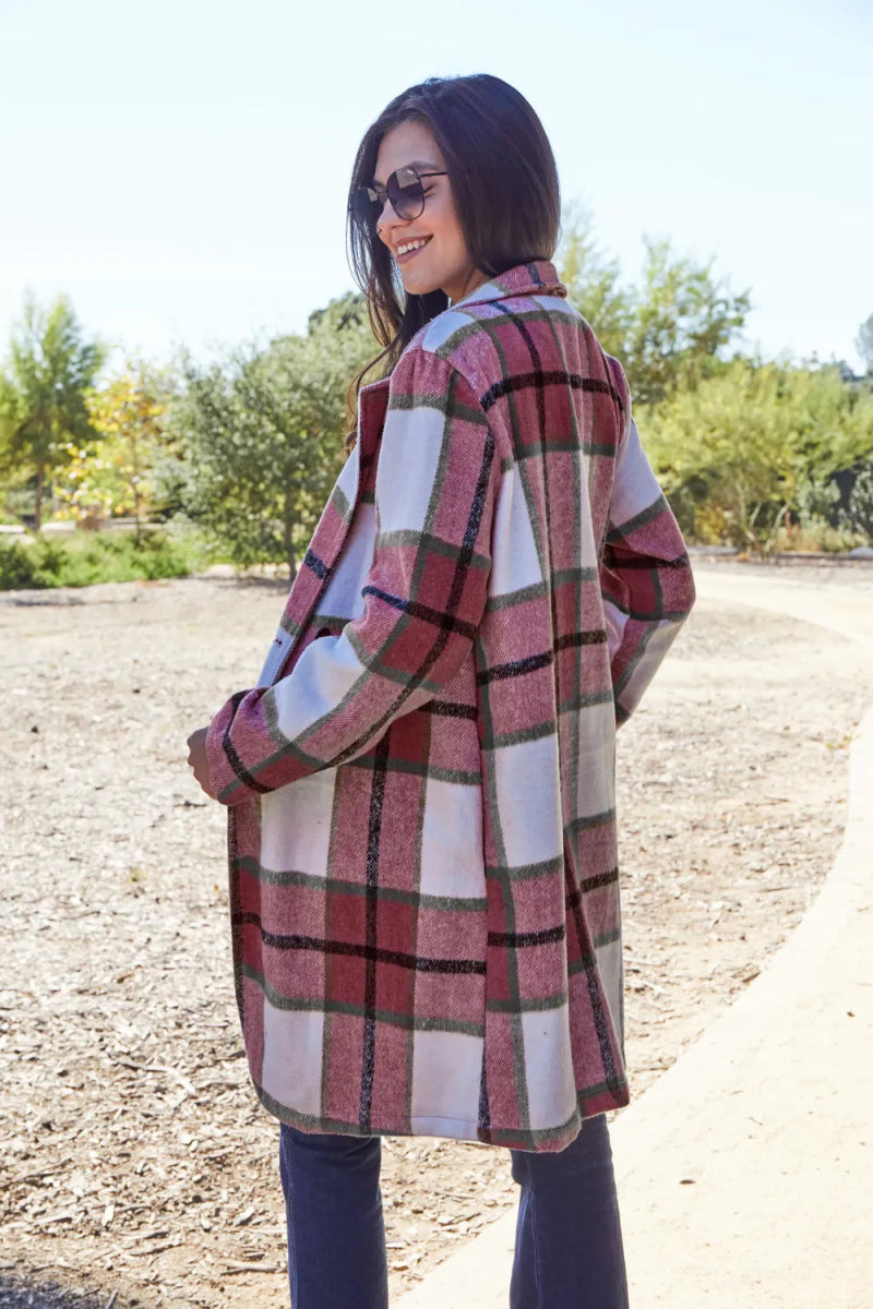 Double Take Full Size Plaid Button Up Lapel Collar Coat - CELIVINE