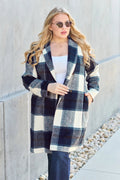 Double Take Full Size Plaid Button Up Lapel Collar Coat - CELIVINE