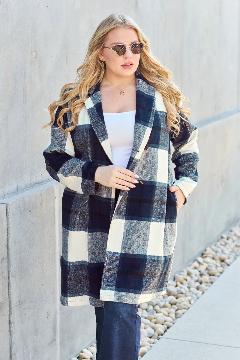 Double Take Full Size Plaid Button Up Lapel Collar Coat - CELIVINE
