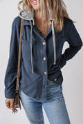 Drawstring Button Up Long Sleeve Hooded Jacket - CELIVINE