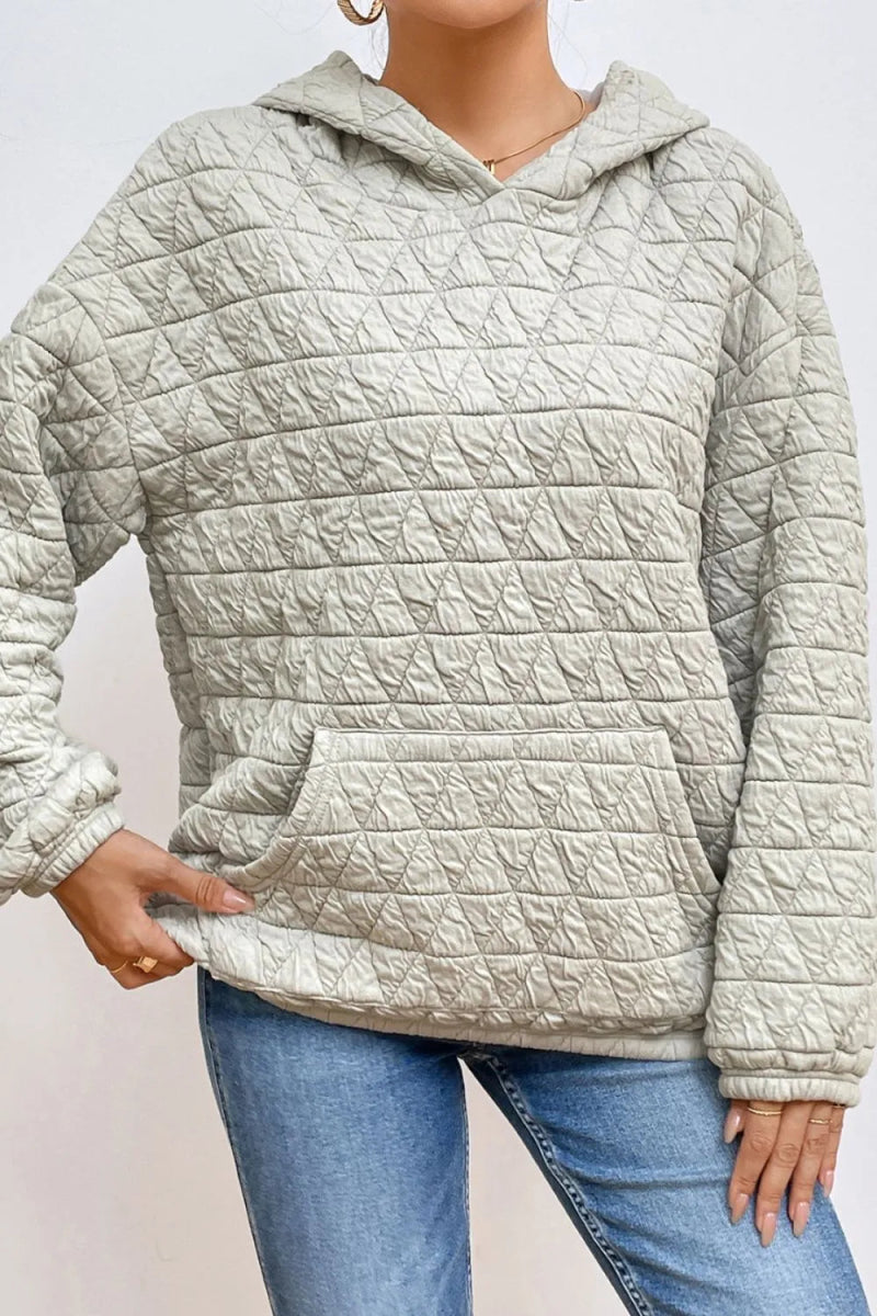Quilted Long Sleeve Hoodie with Pocket - CELIVINE