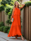 Ruffled Sleeveless Tiered Maxi Dress with Pockets - CELIVINE