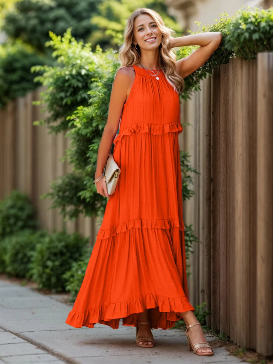 Ruffled Sleeveless Tiered Maxi Dress with Pockets - CELIVINE