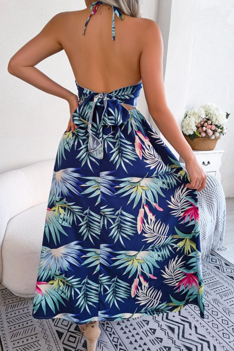 Botanical Print Tied Backless Cutout Slit Dress - CELIVINE
