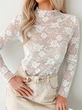 Sheer Floral Lace Mesh Mock Neck Long Sleeve Top - CELIVINE
