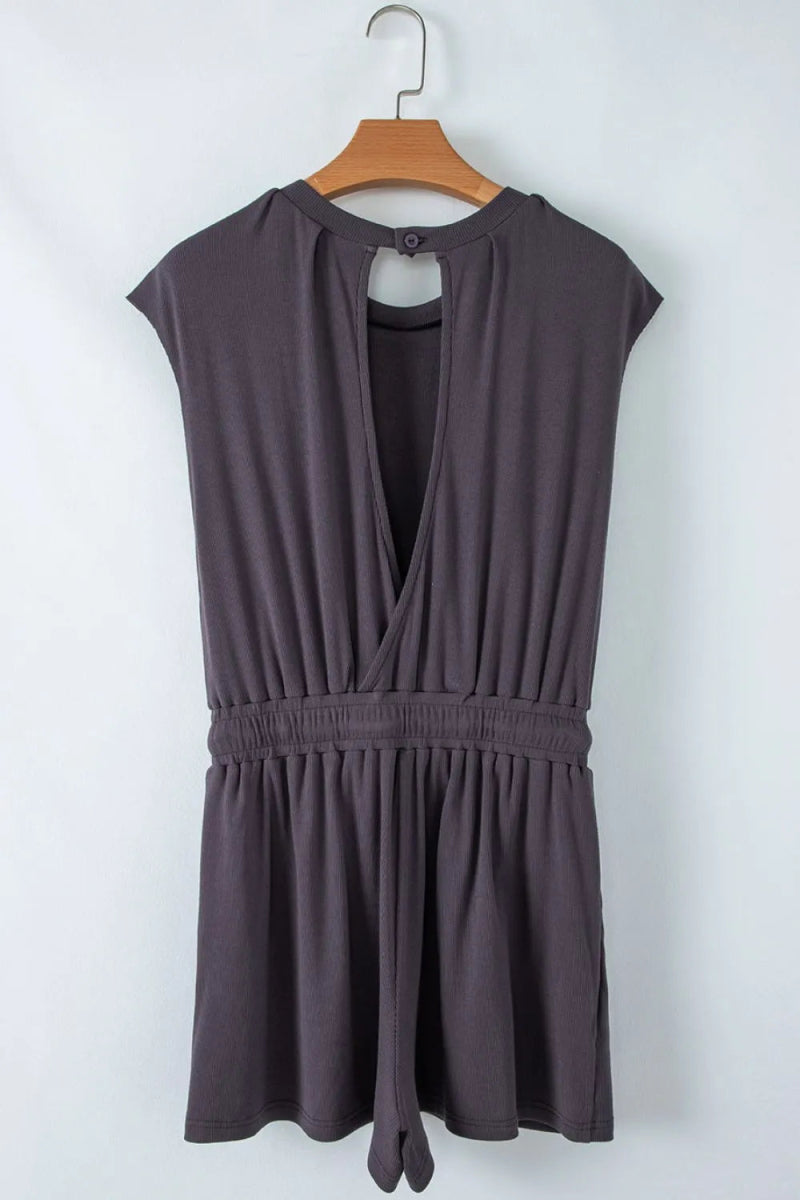 Knit Open Back Cap Sleeve Drawstring Romper - CELIVINE