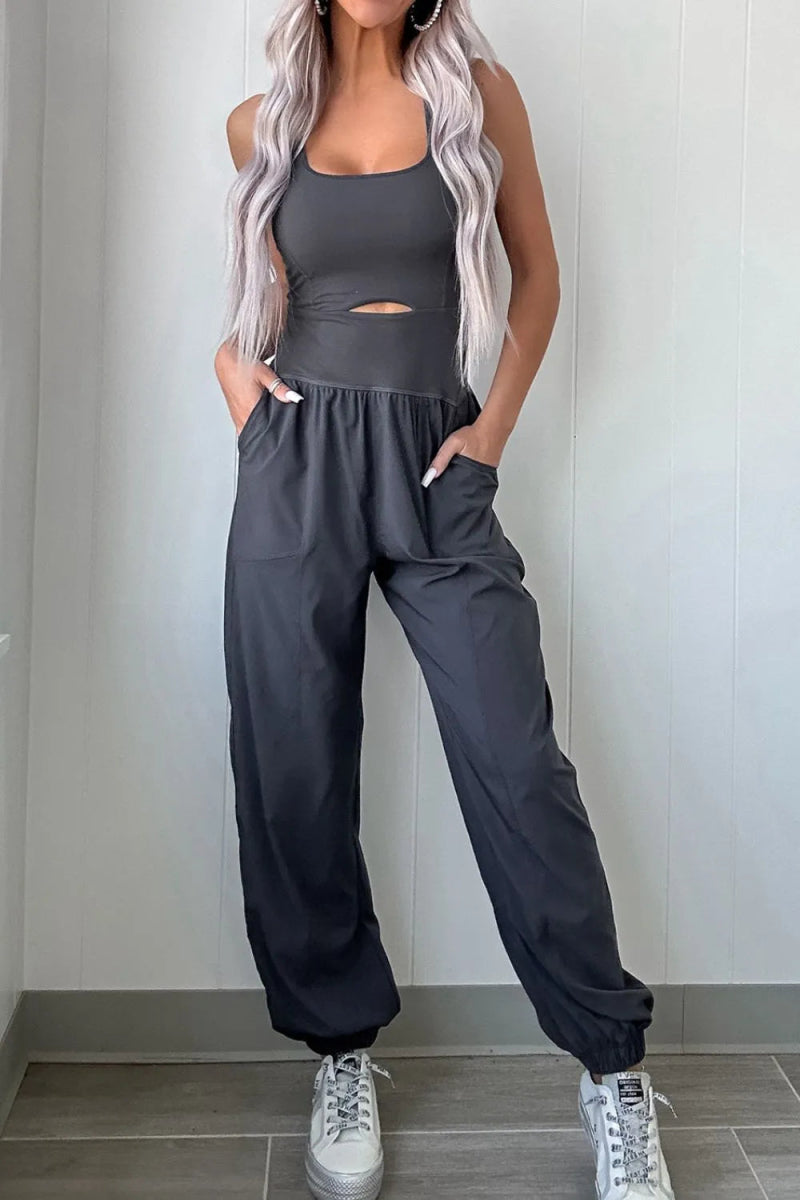 Cutout Square Neck Wide Strap Active Jumpsuit - CELIVINE