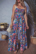 Floral Smocked Spaghetti Straps Wide Leg Jumpsuit - CELIVINE