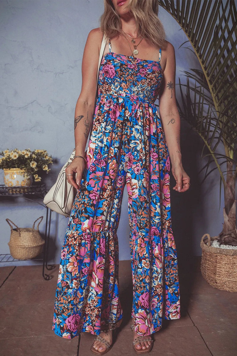 Floral Smocked Spaghetti Straps Wide Leg Jumpsuit - CELIVINE