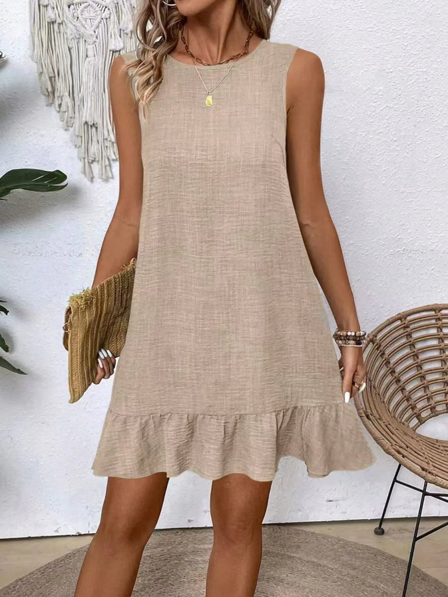 Ruffled Hem Round Neck Sleeveless Dress - CELIVINE