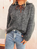 Lace Up Long Sleeve Sweater - CELIVINE