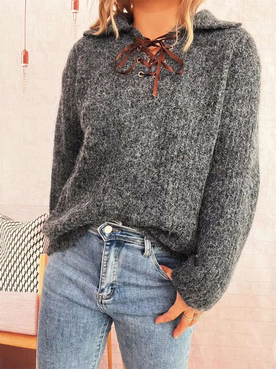 Lace Up Long Sleeve Sweater - CELIVINE