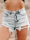 Distressed Washed Denim Shorts with Frayed Hem - CELIVINE